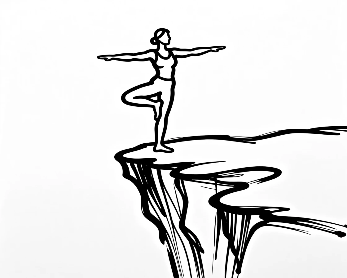 A yoga practitioner holding a balanced pose on a cliffside overlook.