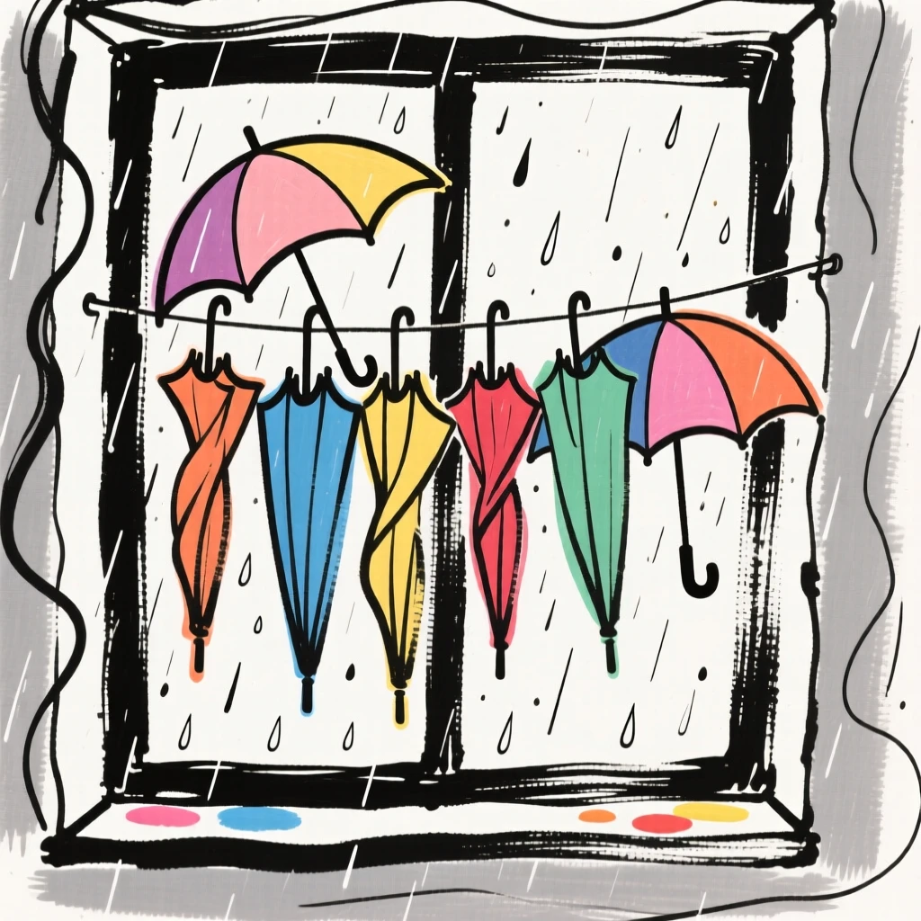 A collection of colorful umbrellas drying beside a rainy window.