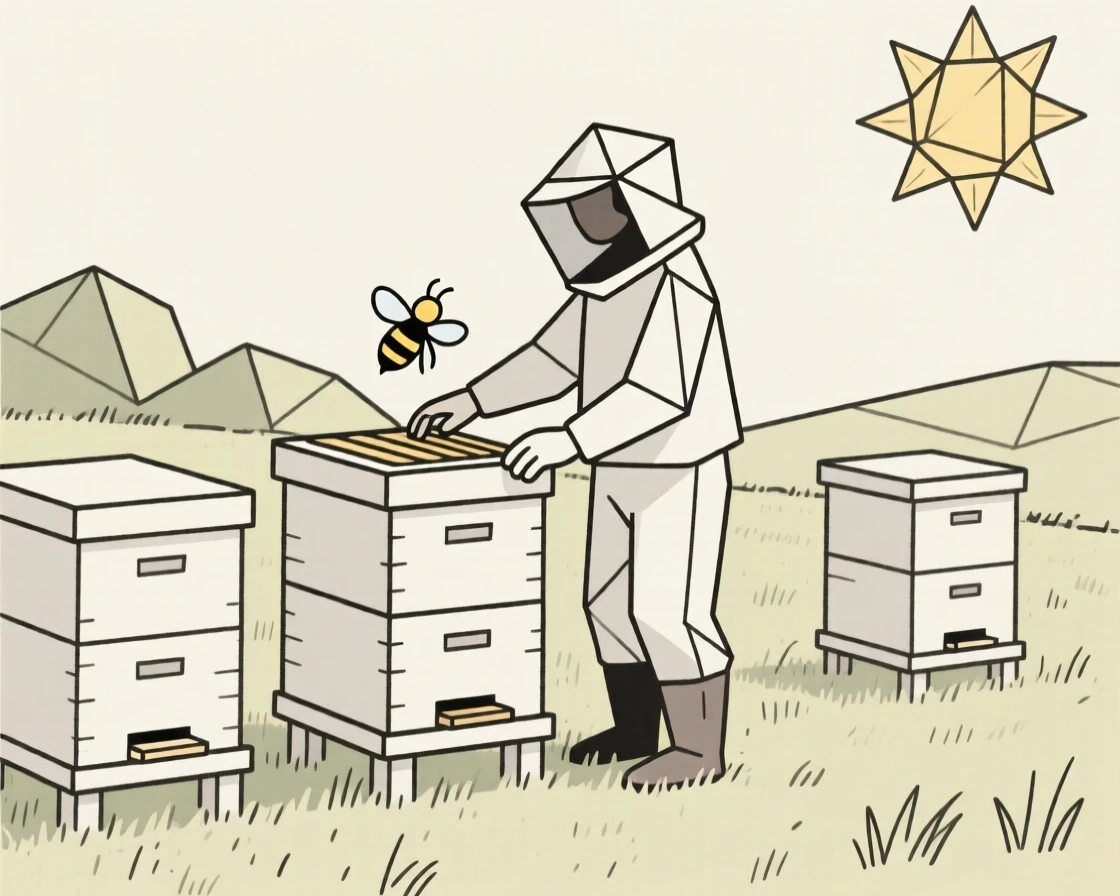 A beekeeper tending to hives in a sunny meadow