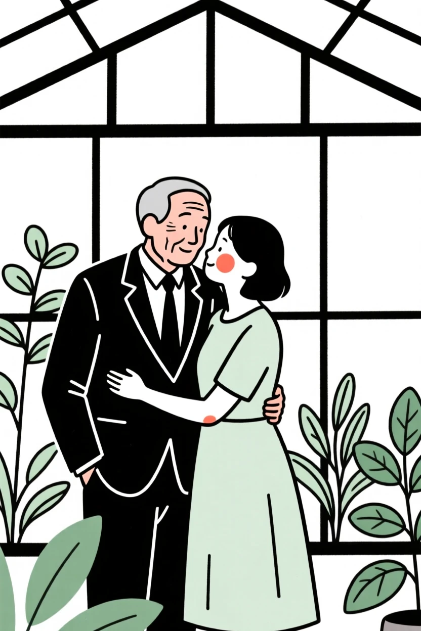 An elderly man in a tailored business suit, sharing a tender embrace, in a botanical garden greenhouse.