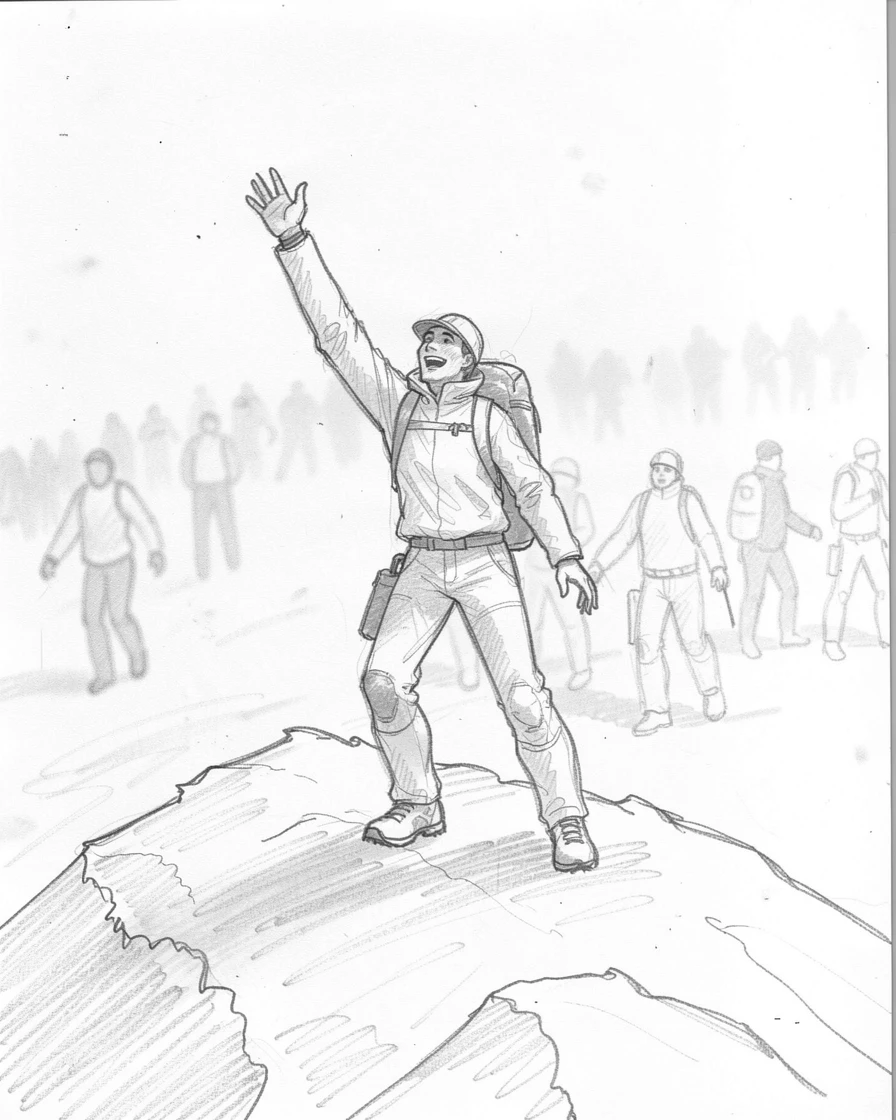 An energetic scene of a hiker reaching a mountain summit atop a snowy mountain peak, with the crowd blurred in the background.