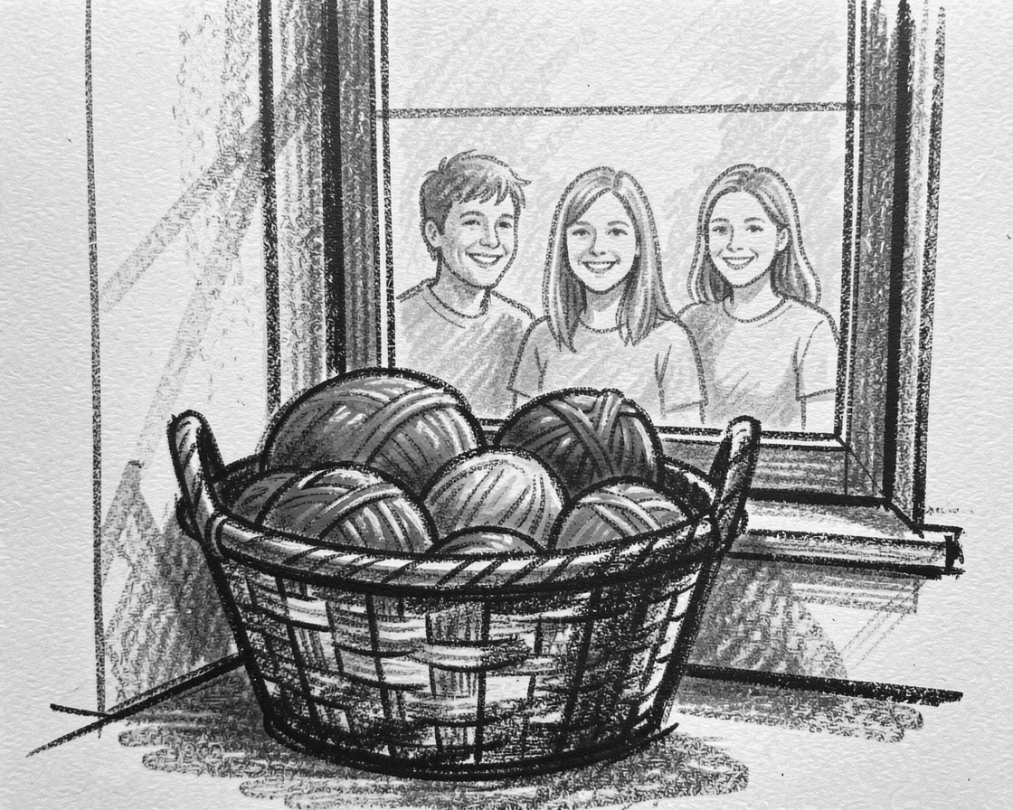 A knitting basket filled with colorful yarn beside a window, with everyone smiling and full of warmth.