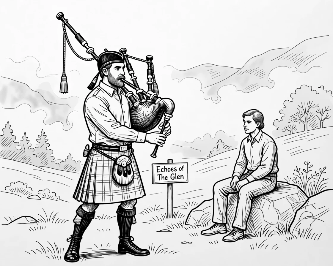 A traditional bagpipe performance echoing across a misty Scottish glen.