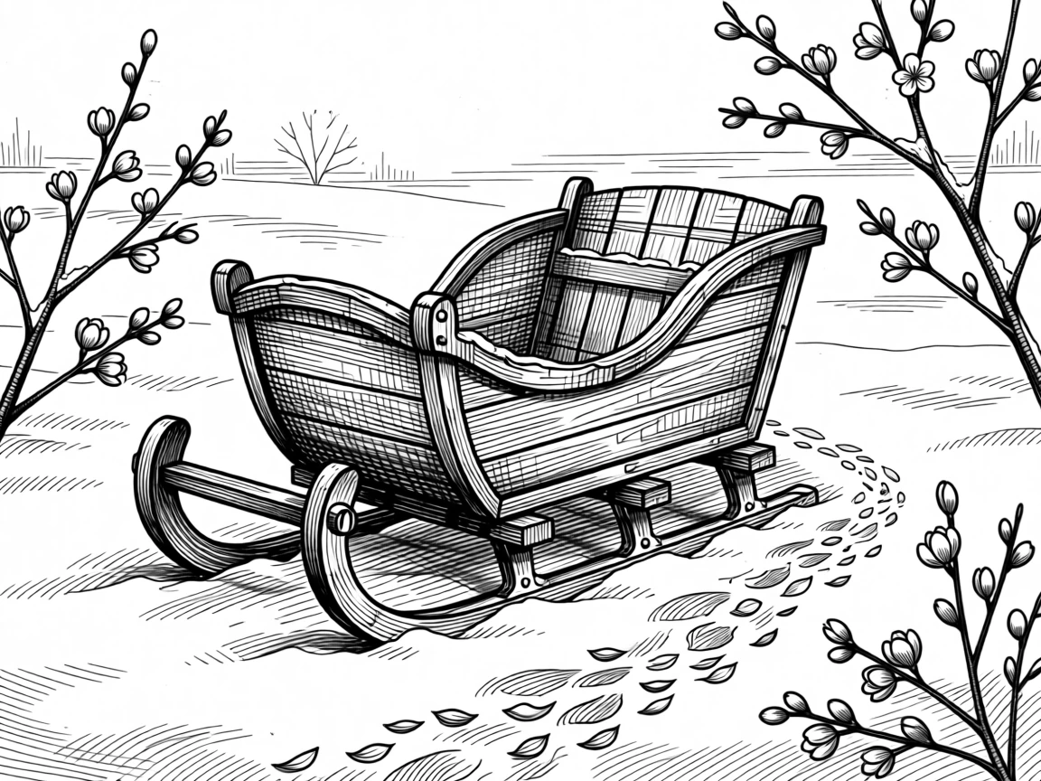 A sleigh resting in freshly fallen snow as the first blossoms of spring begin to open, with a trail of fallen petals scattered on the ground, capturing a wonderfully inviting seasonal moment.