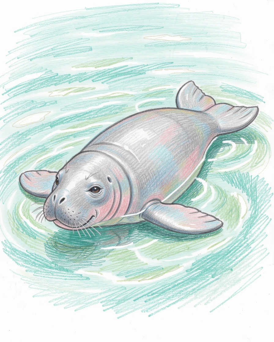 A gentle manatee gliding through clear turquoise shallows, with delicate details that reward a closer look, designed to feel inviting, memorable, and shareable.