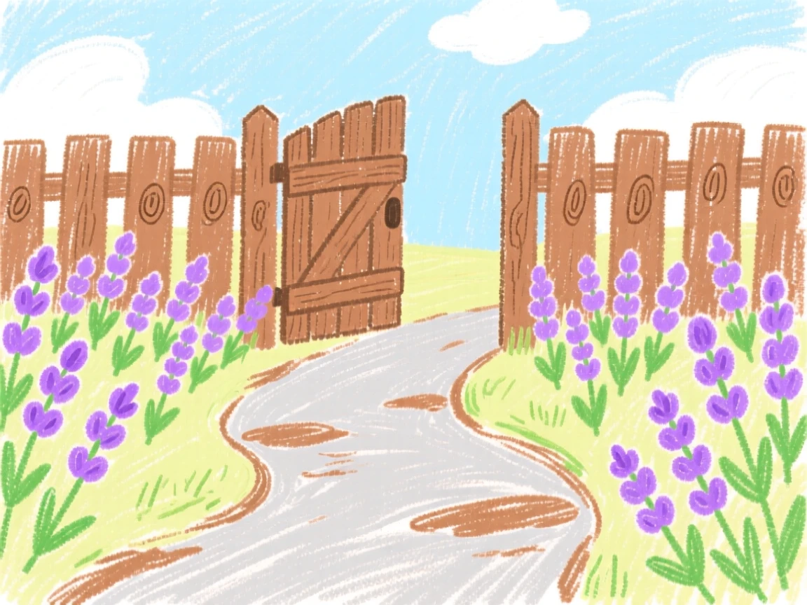 A garden path lined with lavender leading to a wooden gate.