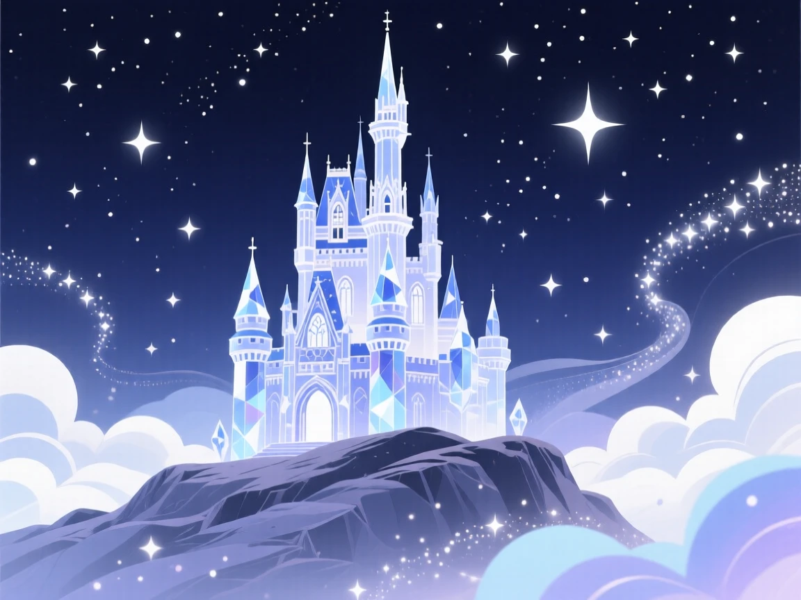 A castle built entirely of crystal glowing under a starry sky, surrounded by swirling clouds of shimmering stardust, composed with a dreamlike, ethereal atmosphere, with subtle magical particles drifting through the air.