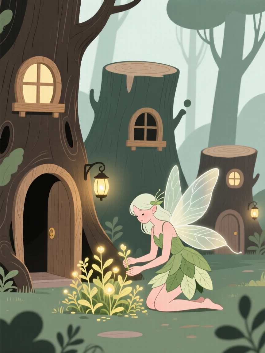A forest fairy gathering glowing herbs near a hollow tree village.
