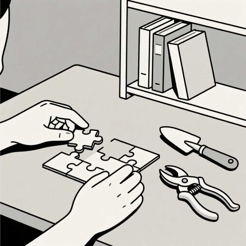 A close view of hands assembling a jigsaw puzzle near gardening tools in a small home library, full of mindful patience.
