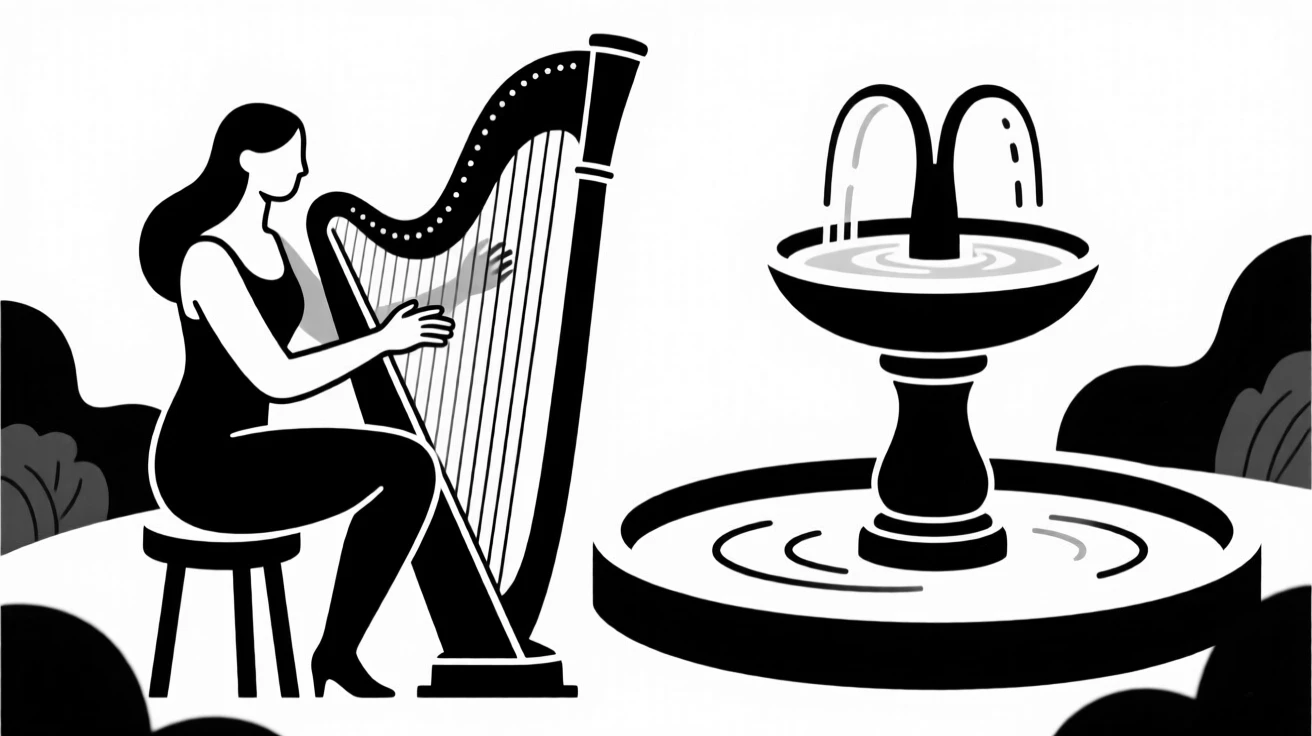 A harpist playing beside a garden fountain.
