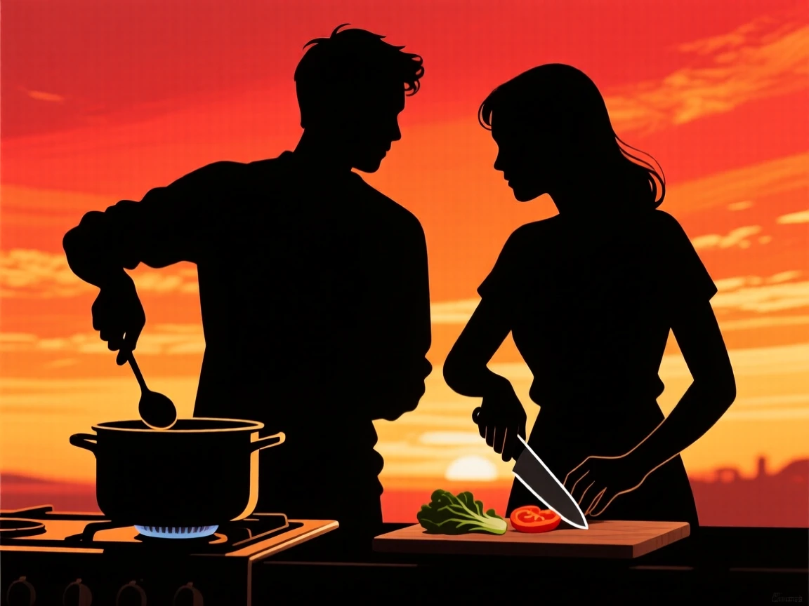 A couple cooking dinner together, one stirring a pot while the other chops vegetables.