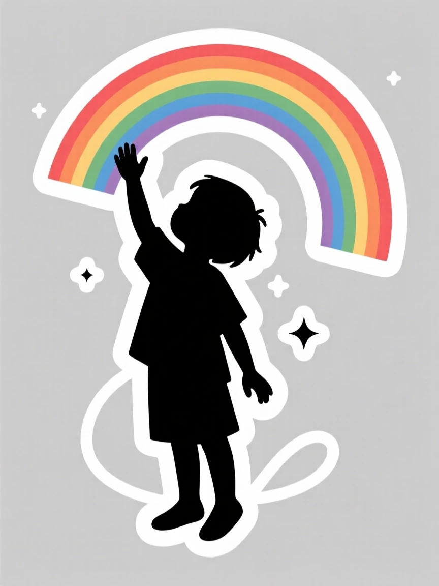 A gently uplifting scene of a child reaching up to touch a rainbow, surrounded by a gentle sense of stillness, capturing a moment of pure hope.