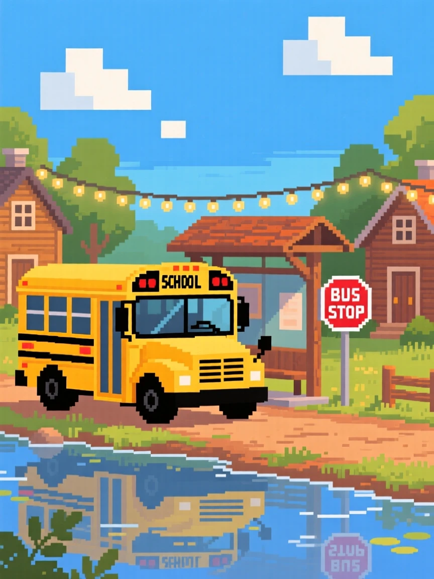 A school bus waiting at a countryside stop lit by string lights strung between houses, beside a lake during summer vacation.