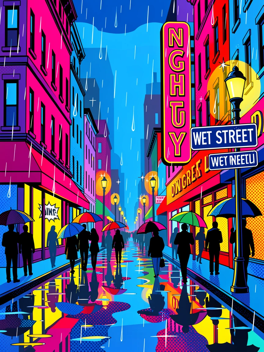 A rain-soaked city street lit with reflected lights