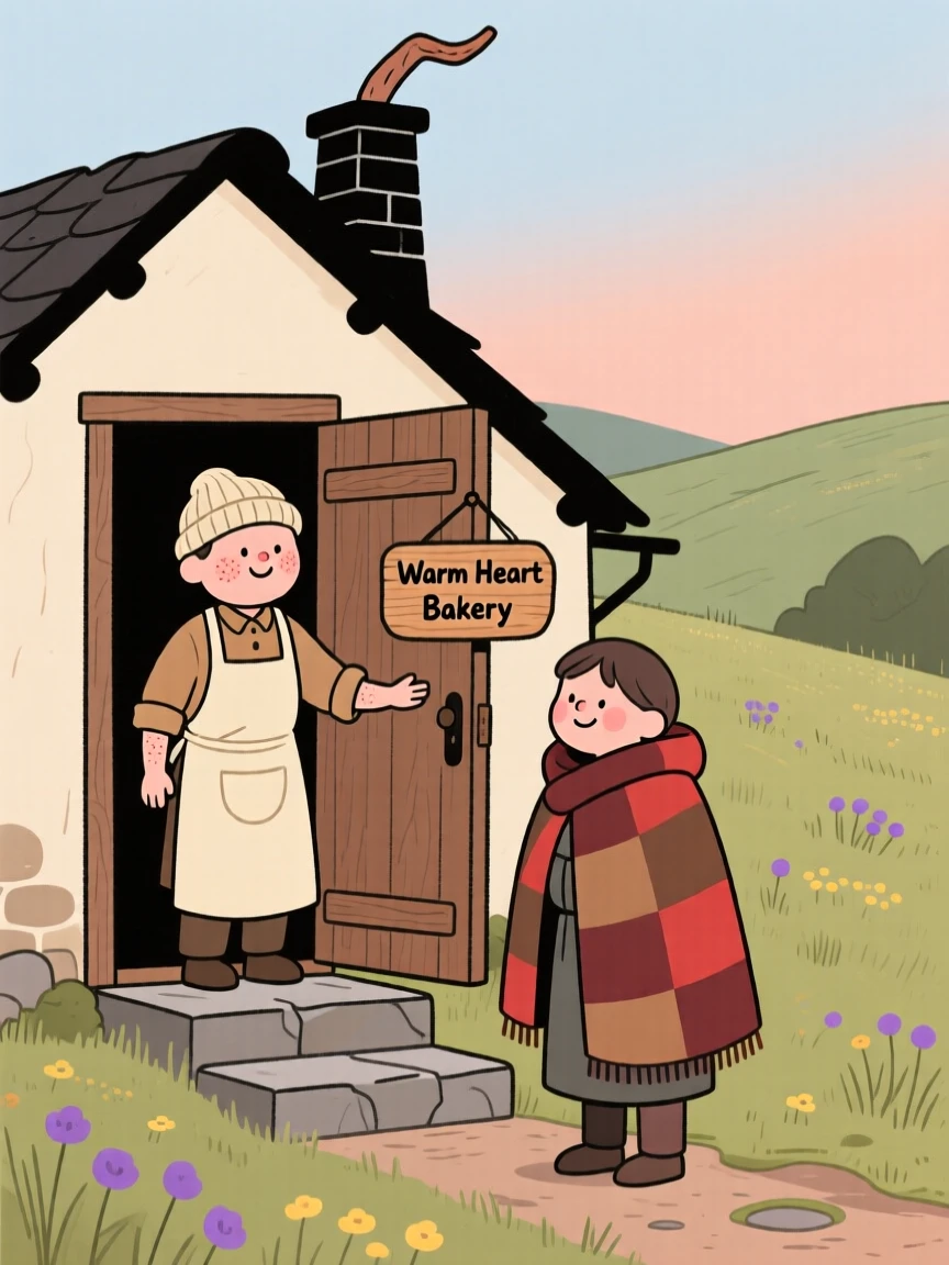 A gentle baker stands at the door of a cottage with a crooked chimney tucked into a hillside meadow, welcoming a weary traveler inside from the cold.