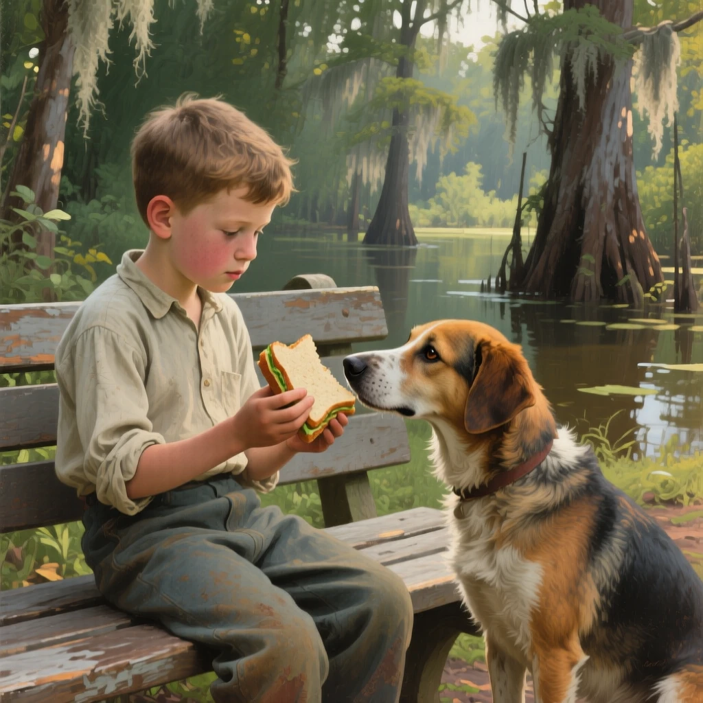 A tightly framed close-up of a young boy sharing his sandwich with a loyal dog on a park bench, in the Louisiana bayou, in the mid-20th century.