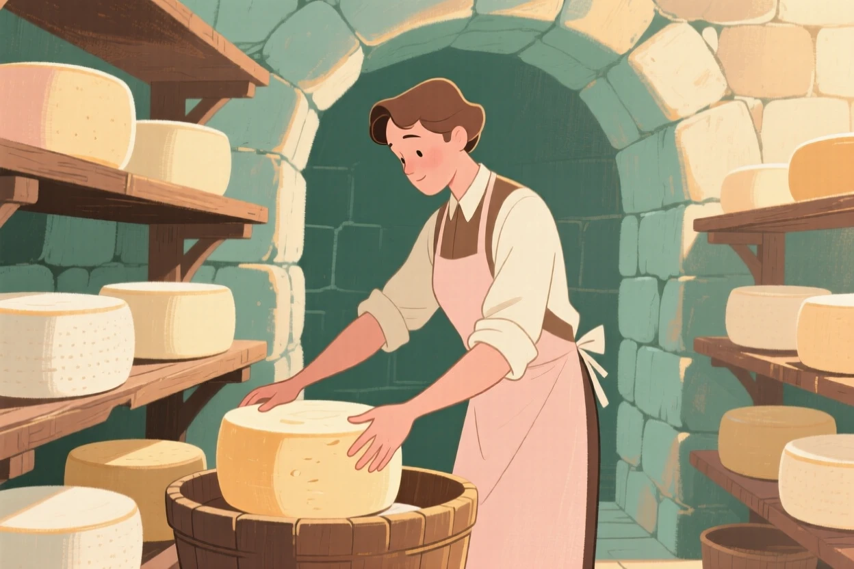 A cheesemaker turning wheels of cheese in a cool stone cellar