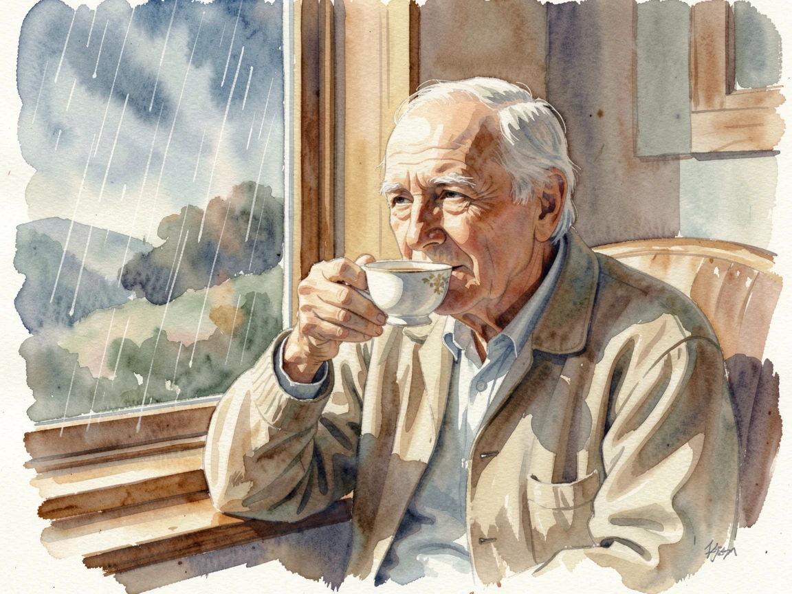 An elderly man sipping tea by a window on a rainy day with soft natural light illuminating the scene.