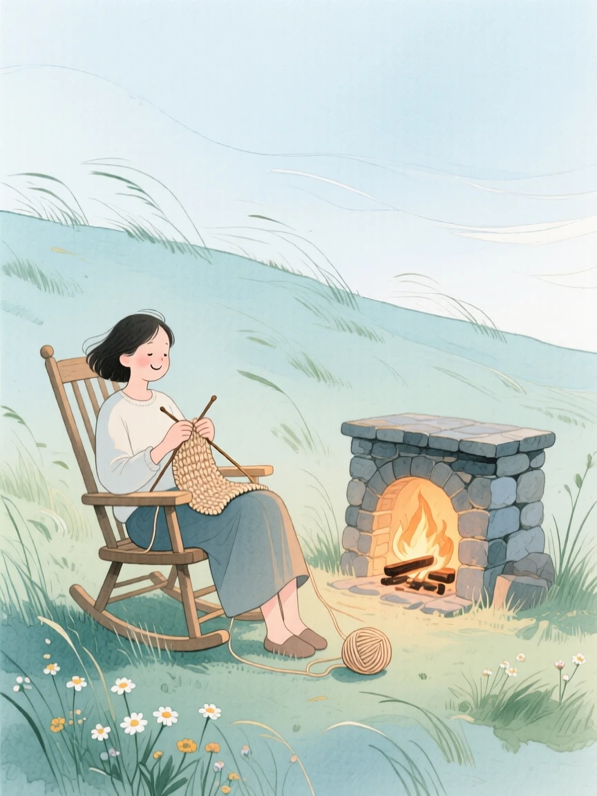 A peaceful scene of someone knitting beside a fireplace on a windswept hilltop, fully absorbed in a quiet, joyful moment