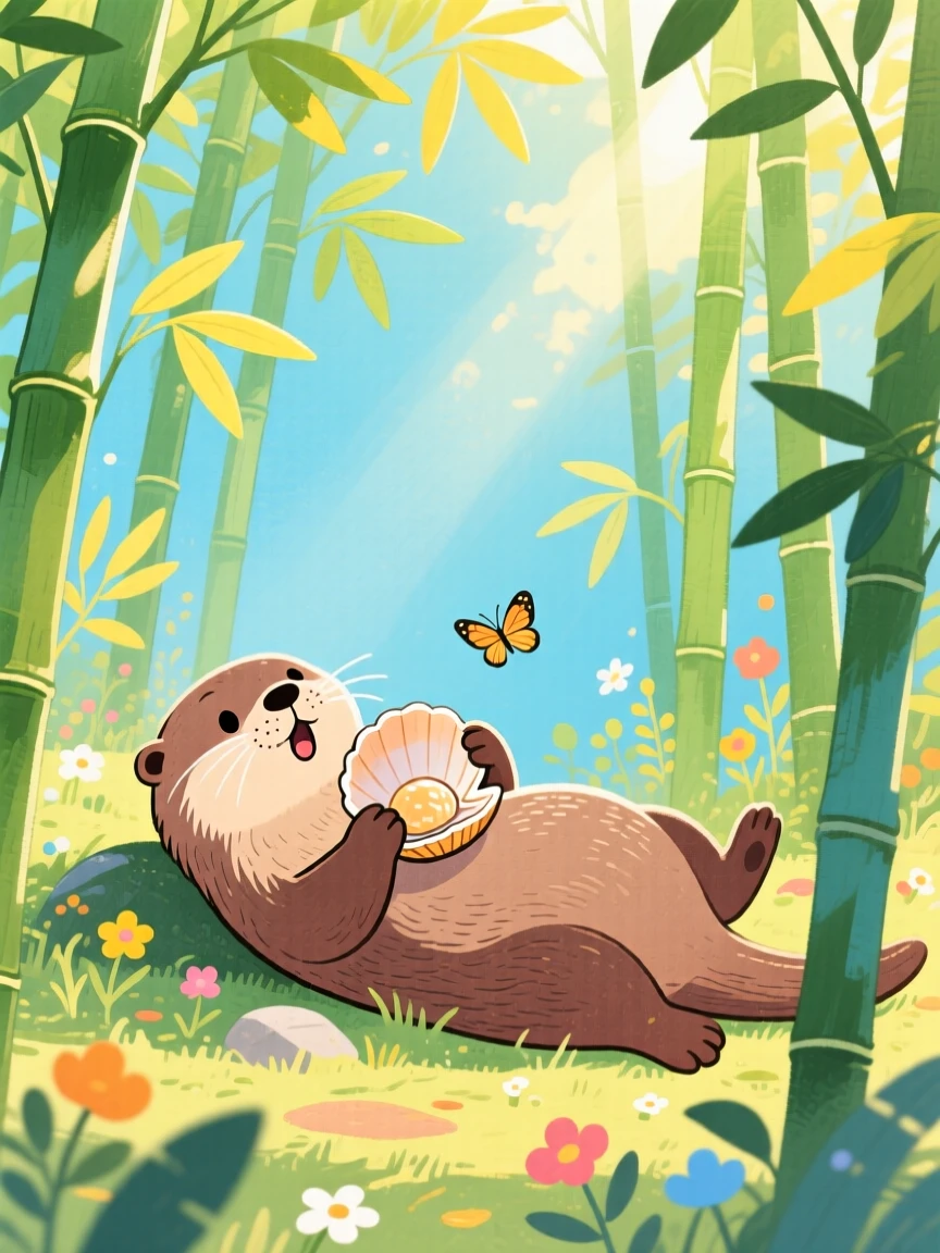 A playful otter cracking a shell on its belly discovering something new in a bamboo grove on a warm summer day.