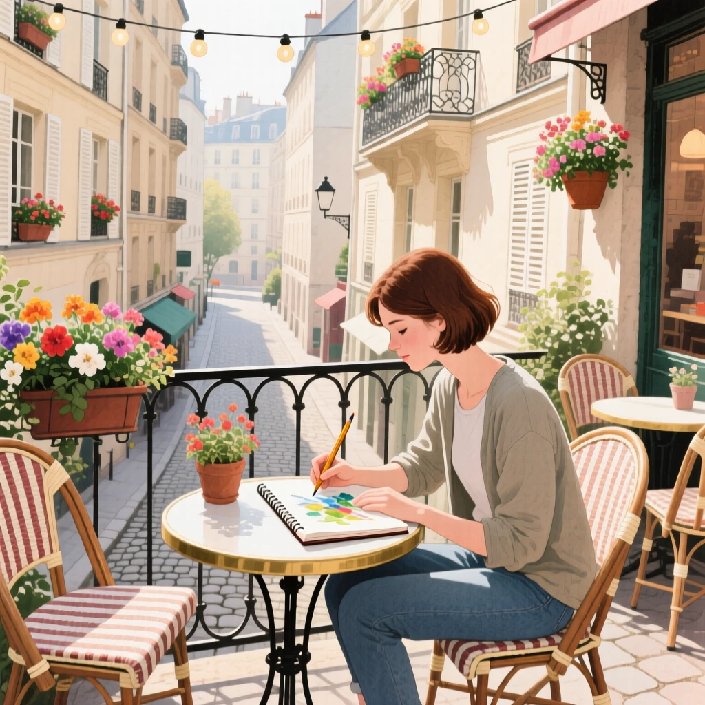 A solo traveler sits sketching in a small notebook amid a charming café terrace on a cobblestone street in Paris, capturing the wonder of discovering a new place.