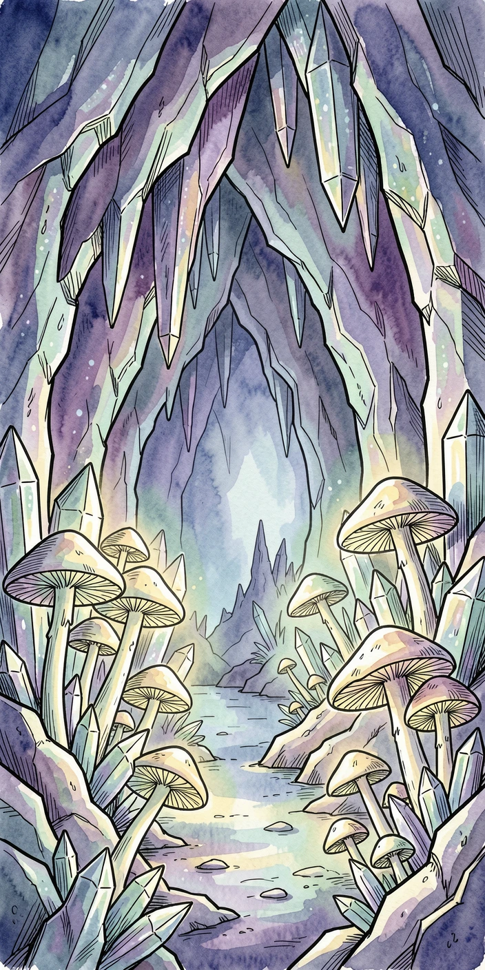 A crystal cavern lit by clusters of luminous mushrooms, the atmosphere charged with quiet, ancient magic.