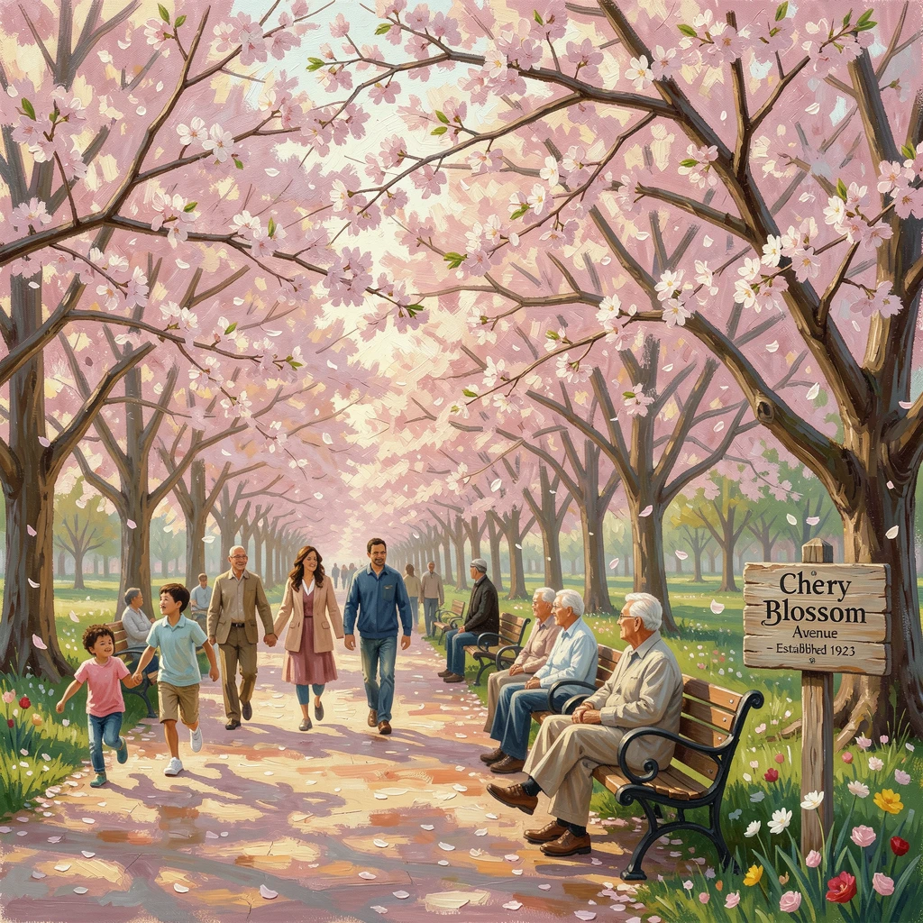In a park filled with families enjoying the weather, a cherry blossom-lined avenue in full spring bloom, families strolling beneath the blooming branches, just as the first spring blossoms begin to open.