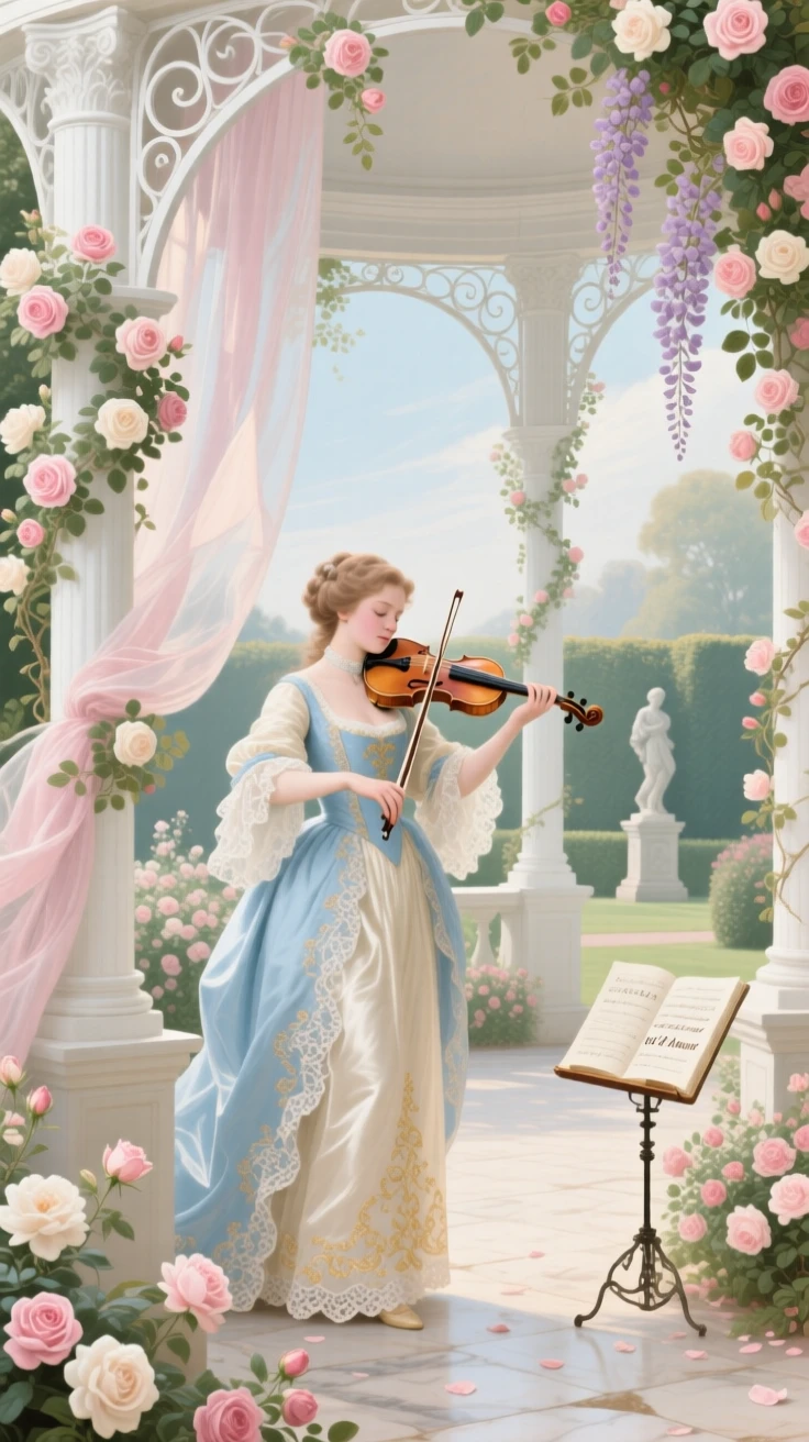 A violinist performing alone in a rose-covered garden pavilion  