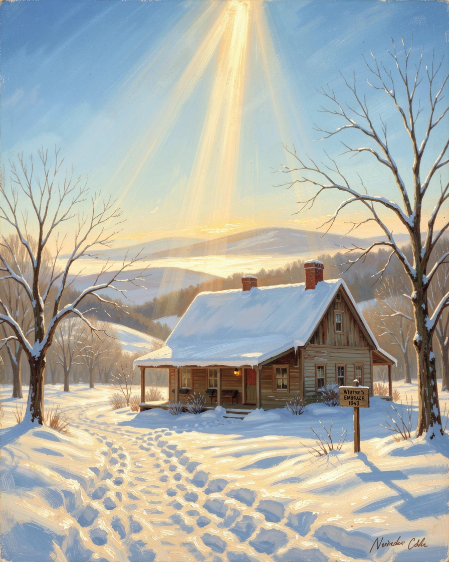 A blanket of fresh snow glow above a quiet farmhouse in deep winter under a blazing summer sun.