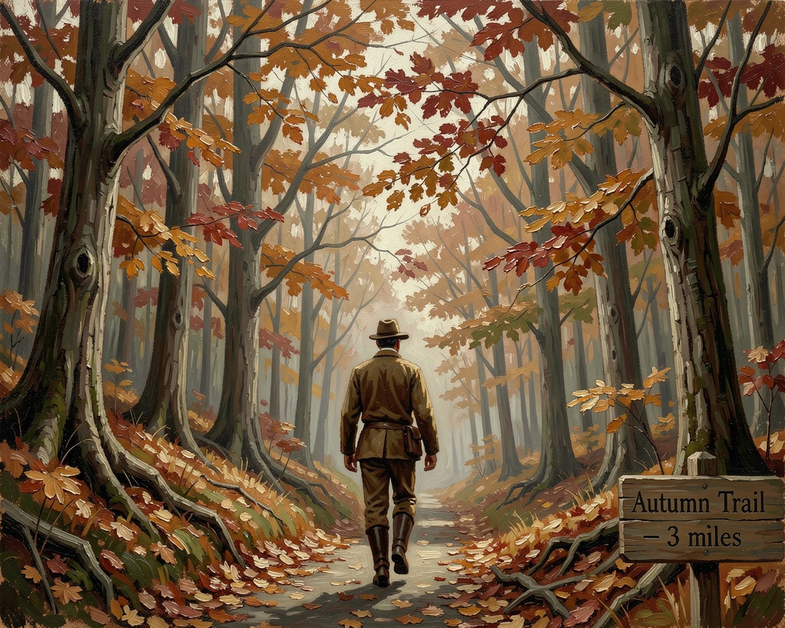 A crisp autumn hike through a forest ablaze with fall color, with rich seasonal colors filling every corner of the composition, evoking cherished holiday memories and nostalgic feeling