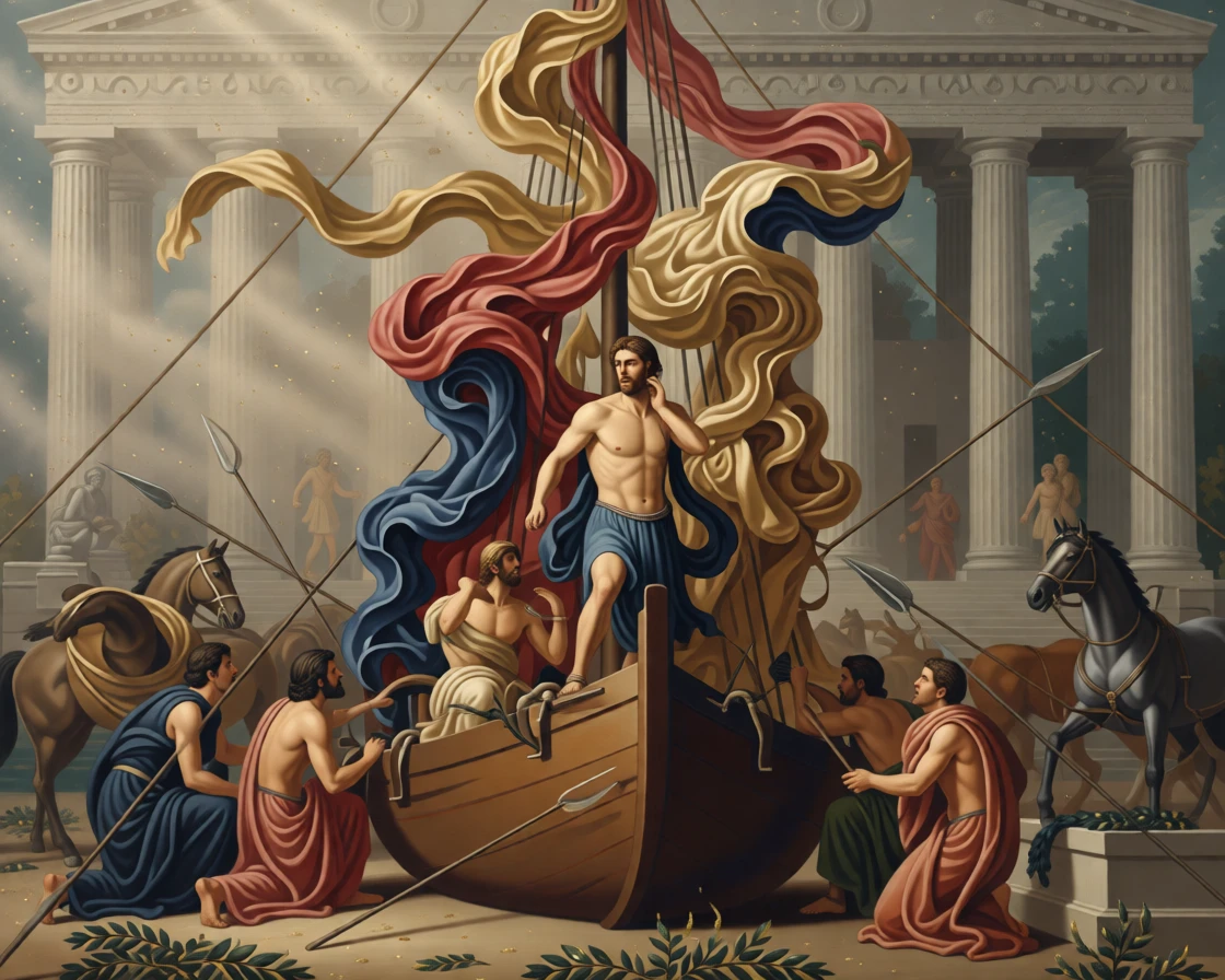Odysseus resisting the call of the sirens while bound to the mast amid swirling banners and rising dust, set against the marble columns of an ancient temple, surrounded by kneeling attendants, war horses, and scattered laurel wreaths; diagonal lines of spears and banners lead the eye to the central figure, evoking awe, destiny, and the weight of history.