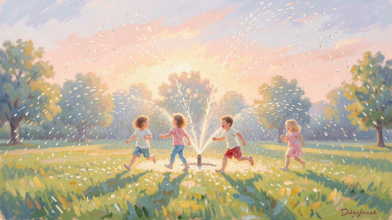 Children running through a sunlit sprinkler on a summer afternoon, laughter echoing across a green lawn, as the first light of dawn breaks, radiating serenity and gentle stillness.