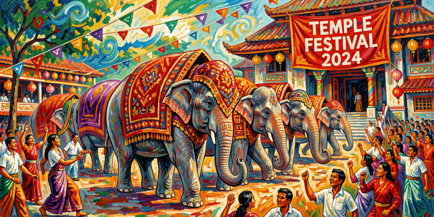 A grand procession of elephants adorned in colorful cloth during a temple festival.