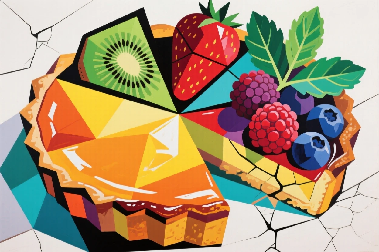 A colorful fruit tart glazed and arranged with kiwi, berries, and mint.