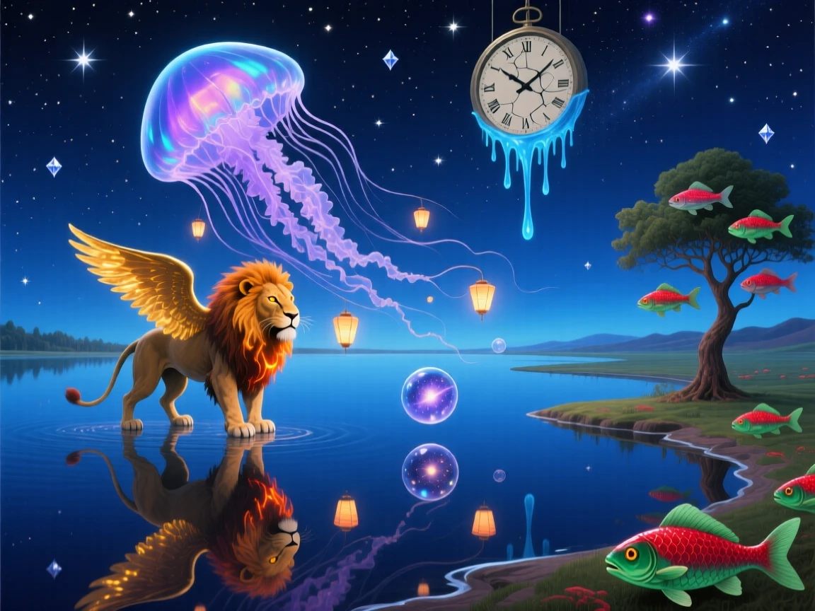 A jellyfish drifting through the night sky like a slow lantern wanders along the edge of a mirror-smooth lake, while its reflection shows a completely different creature.
