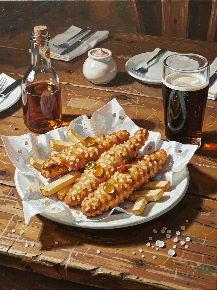 A rustic English pub table displays a golden fish and chips platter wrapped in paper, malt vinegar glistening under warm pub lighting, the surrounding table setting adding context and warmth to the overall presentation.