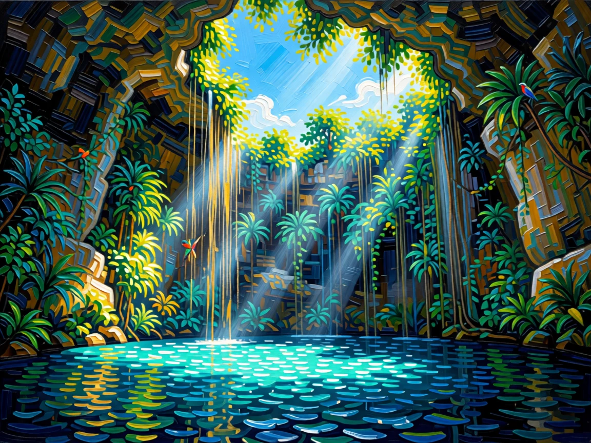 A dramatic sinkhole cenote in Mexico with sunlight piercing turquoise water below