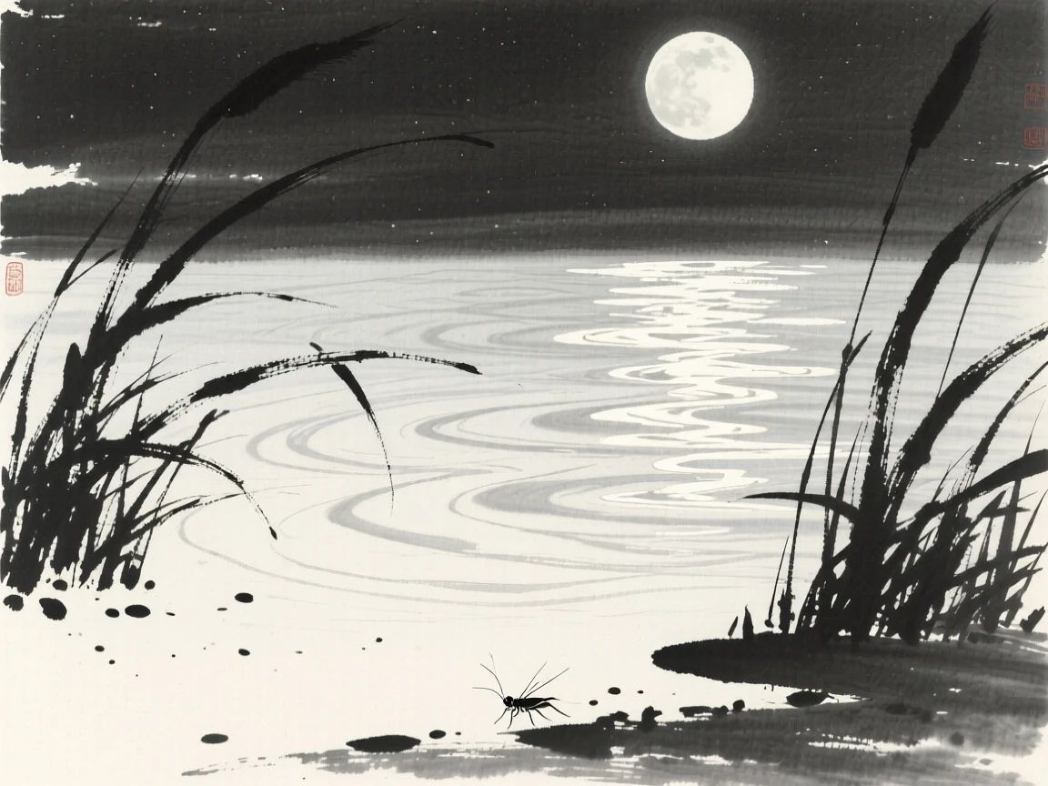 Moonlight glimmers softly across the surface of a still lake, as crickets sing softly from the surrounding grass.