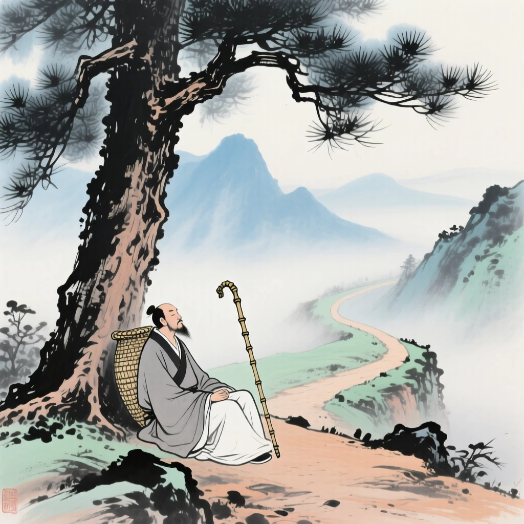 A traveler resting beneath a pine tree along a mountain trail, through swirling morning fog.