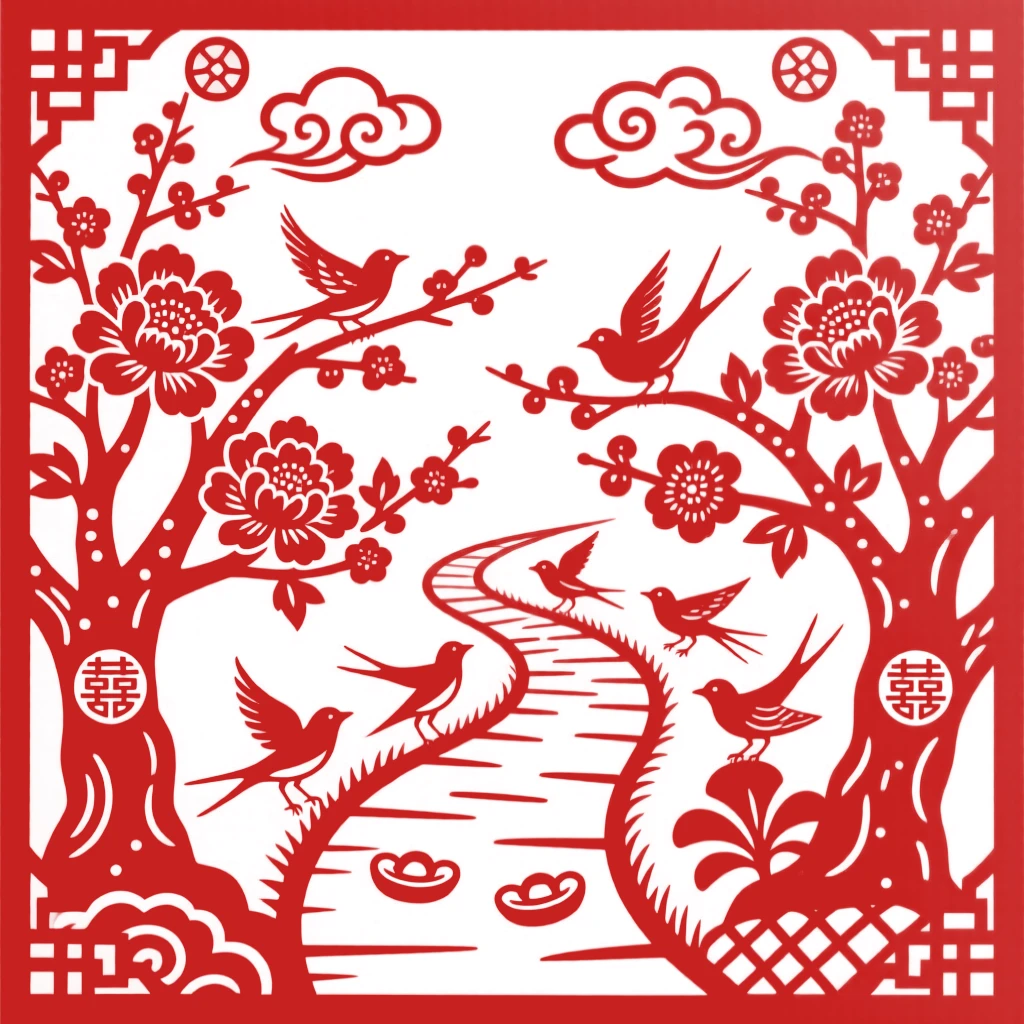 A Spring scene of a garden path lined with blossoming trees, birds gathering before their seasonal journey.