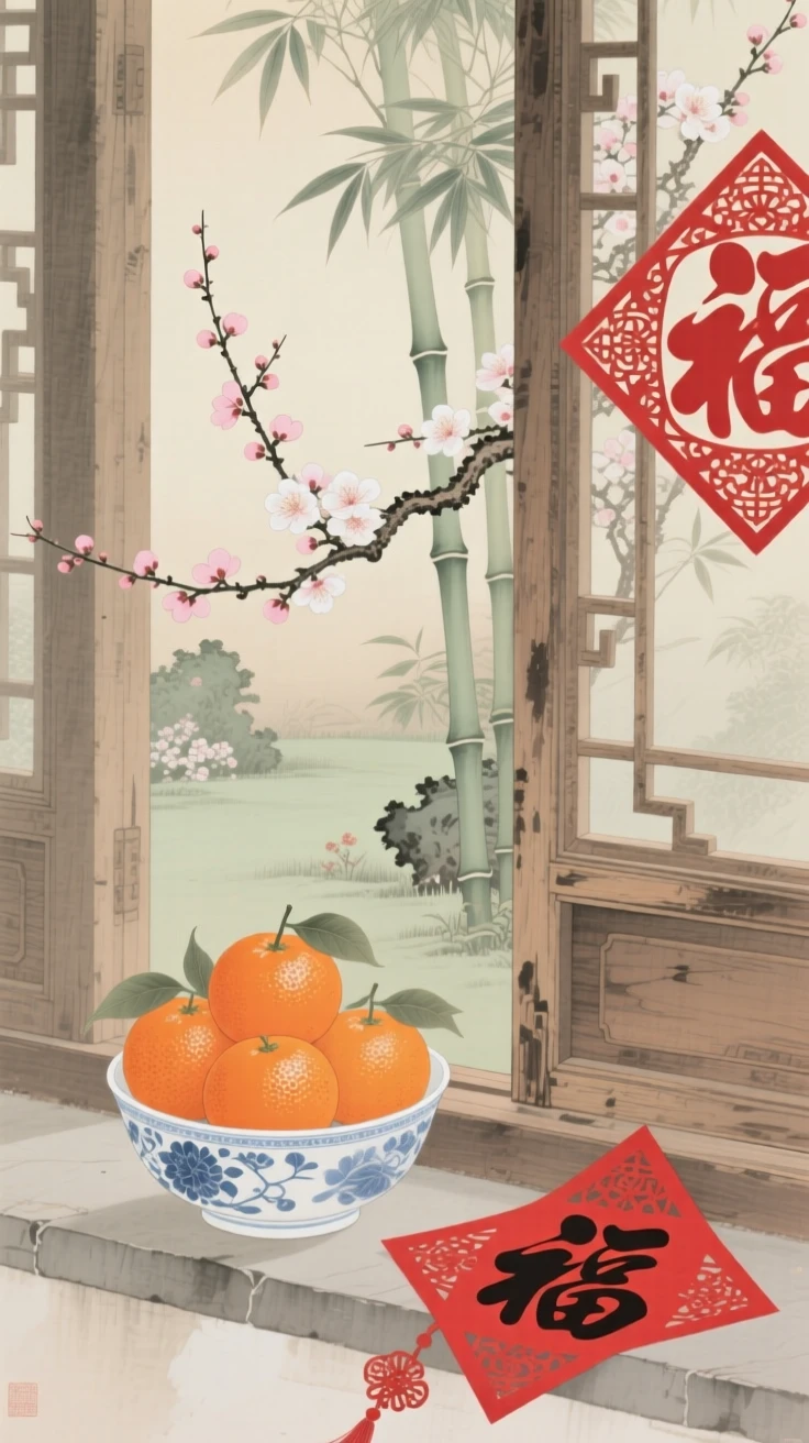 A bowl of oranges stacked beside red paper decorations on a windowsill overlooking a garden