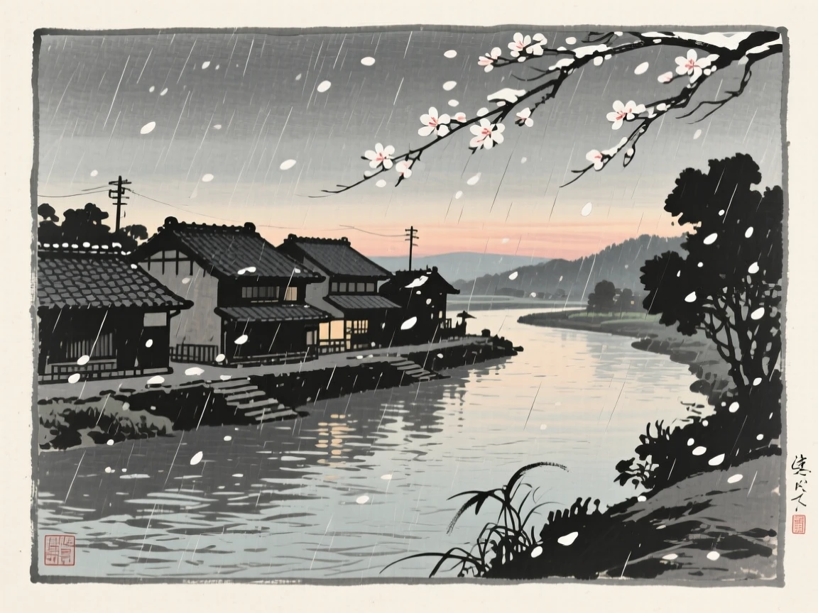 A summer rain shower over a quiet village rooftop beside a slow-moving river at dusk, framed through drifting petals or falling snow for depth, capturing the quiet magic of a changing season.
