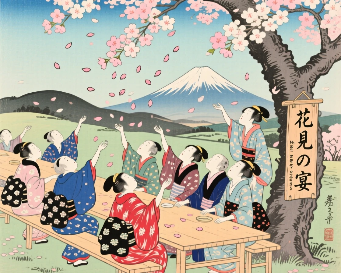 Neighbors at a long table reaching up to catch falling cherry blossom petals.