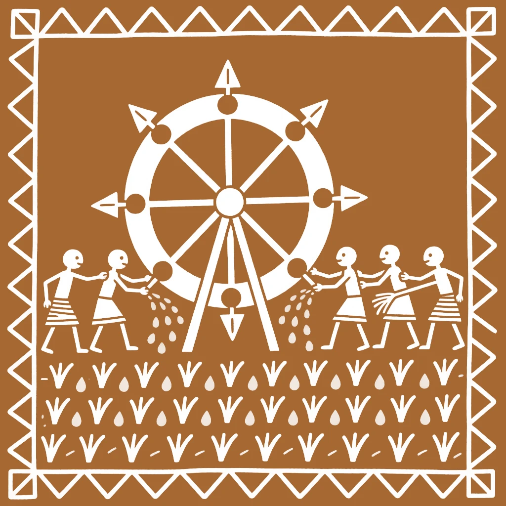 A group of harvesters irrigating a field using a hand-drawn water wheel.