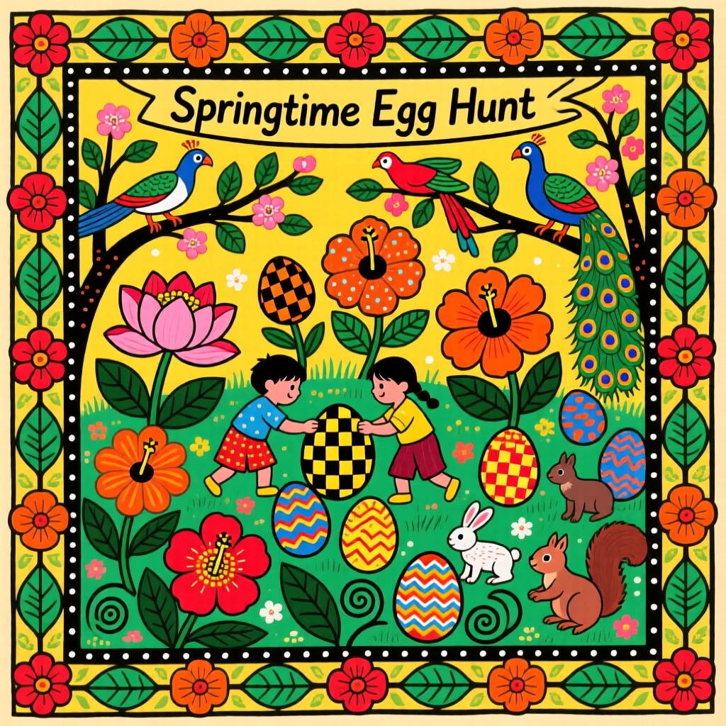 A springtime egg hunt through a garden bursting with blossoms.