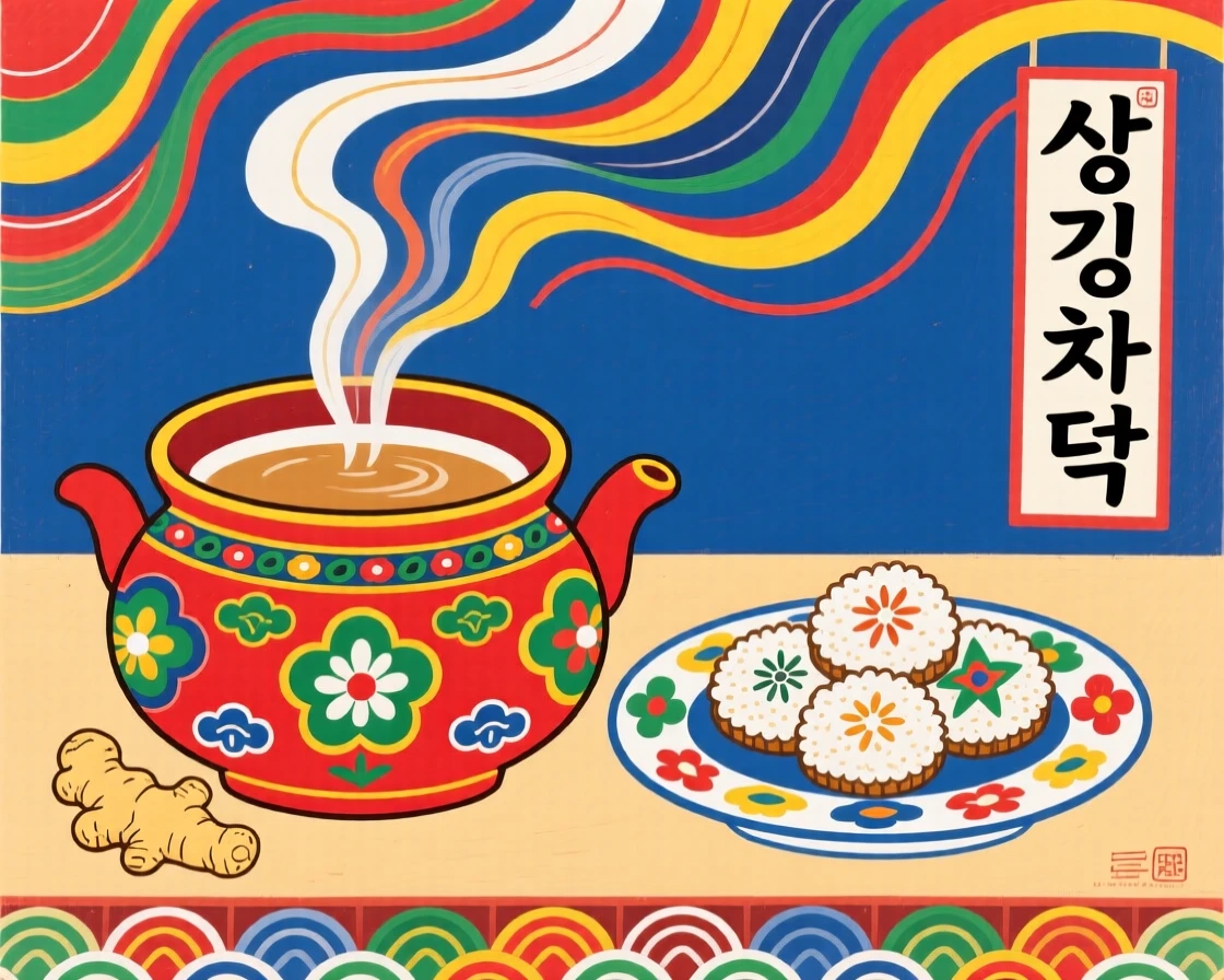 A pot of ginger tea steaming beside a plate of rice cakes.