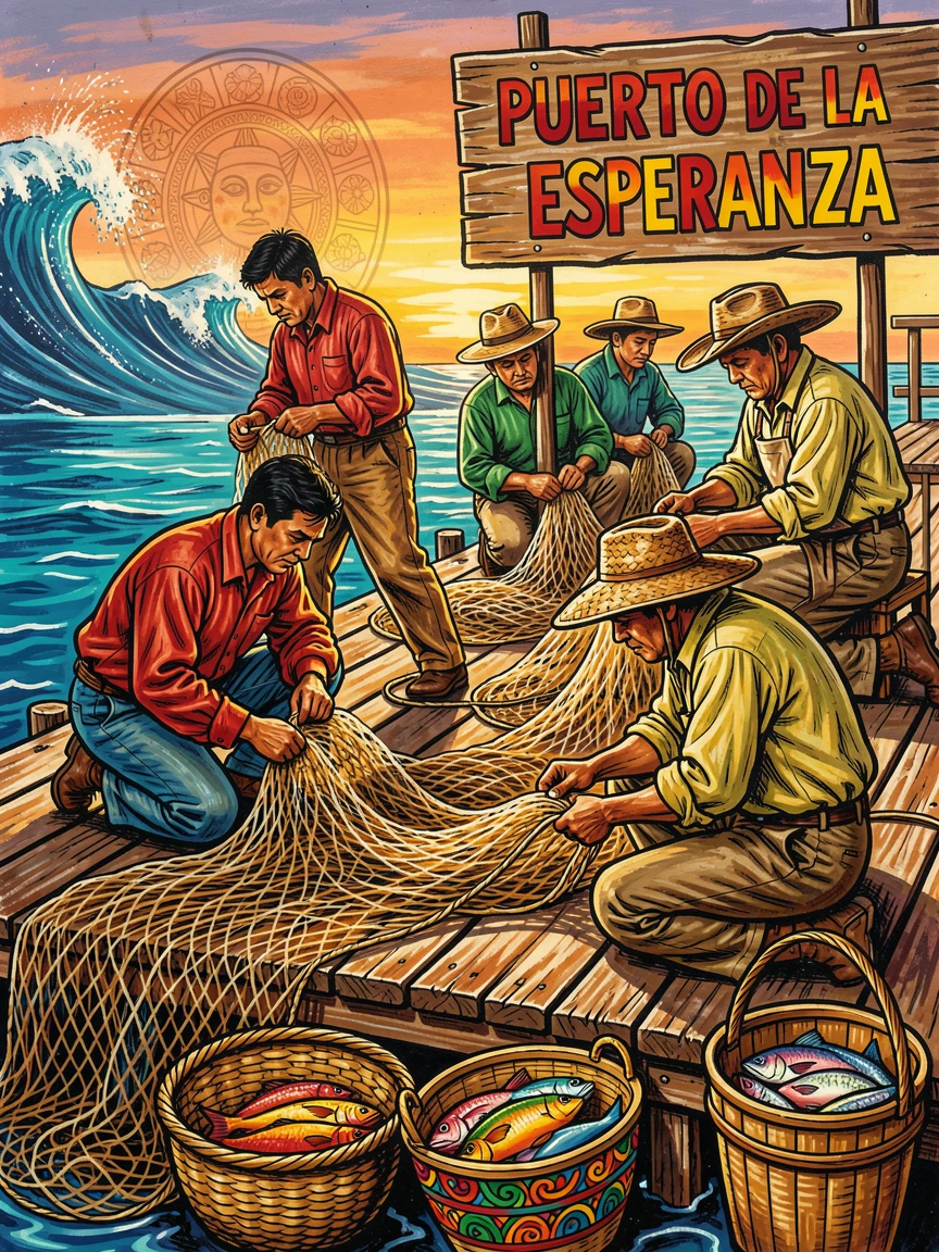 A group of fishermen mending nets on a quiet dock