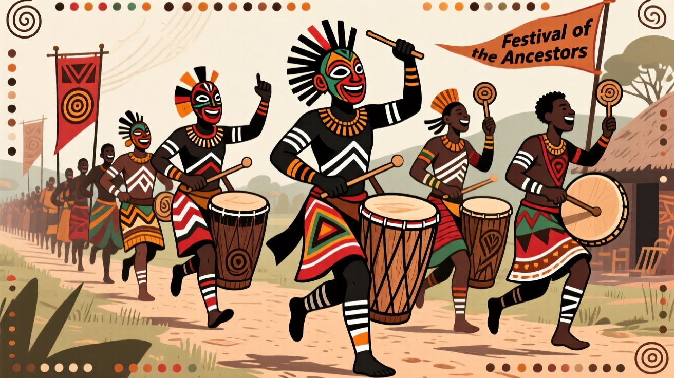 A festival dance troupe leading a joyful procession through the village.