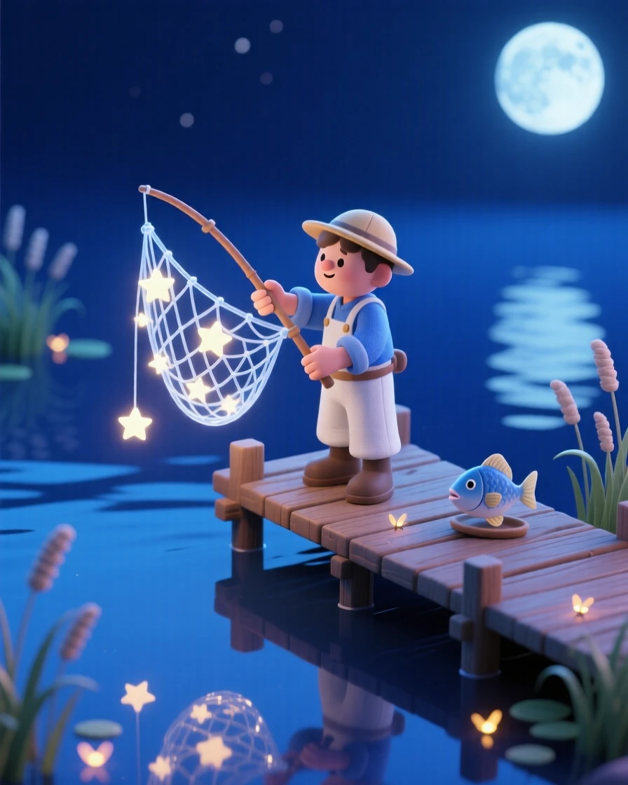 A star-catcher fisherman using a net of woven light to gather fallen stars from a midnight lake.