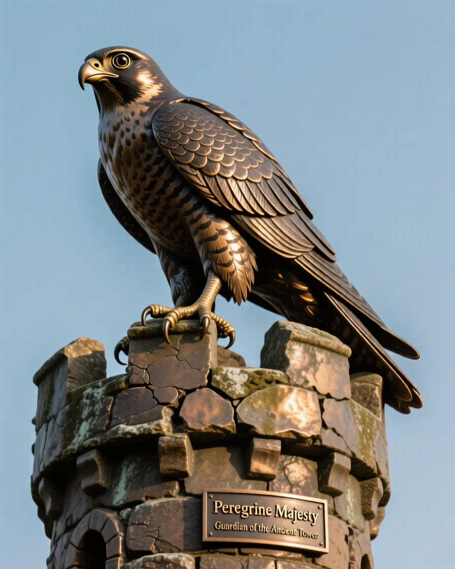 A peregrine falcon perched on an ancient tower, with fine, lifelike detail in fur and feather, evoking wonder and majesty